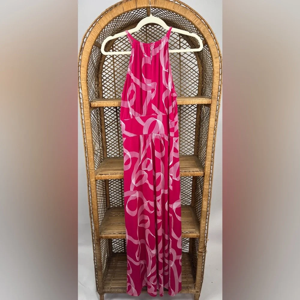 Maggy London Petite Halter Neck Maxi Dress Pink Abstract Print Size 12P EUC - Picture 3 of 5